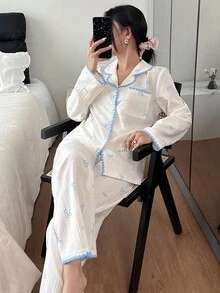 SHEIN 女士新款休闲可爱蕾丝边长袖上衣和裤子睡衣套装，秋冬服装 - 彩色 - 查看 7