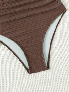 SHEIN Swim 2026 Spring/Summer Special Fabric Brown Halter Backless Pleated Deep V-Neck Fitted Elegant One-Piece Bikini Swimsuit For Women - Brown - View 8