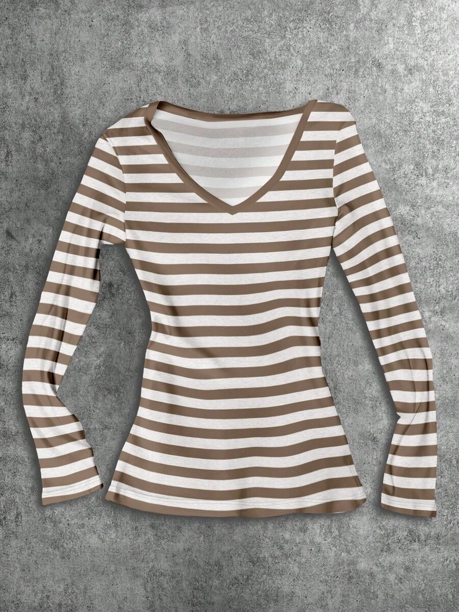 Attitoon 黑灰条纹V领长袖T恤，适合女性，万圣节、哥特、朋克、Y2K风格、街头服饰、复古、返校季、秋季、休闲、秋冬、嘻哈等风格，展现核心美学。 - 棕色 - 查看 1