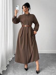 SHEIN CURVE+ Plus Size Women Solid Color Minimalist Long Sleeve Dress