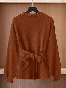GlowEve Women's Elegant Solid Color Surplice Neck Cinched Waist Cardigan, Autumn - Rust Brown - View 2
