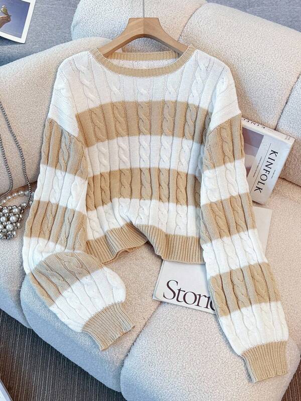 Regalyn Plus Size Striped Twist Rope Crew Neck Long Sleeve Pullover Sweater