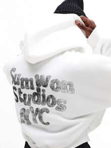 SUMWON Crop Fit Oversized Drop Shoulder Pullover Hoodie With Front Centre Pocket Urban Streetwear Autumn Winter Casual Loose Fit - White - View 6
