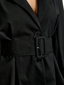 LYSMO 2025新款极简秋冬女式纯色腰带荷叶边下摆前扣长袖西装外套黑色女式西装套装女士职业装黑色套装女式裙装 - 黑色 - 查看 6
