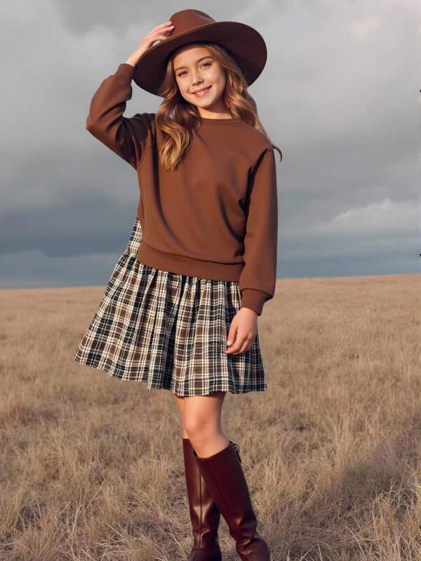 SHEIN Tween Girls Colorblock Long Sleeve Casual Dress, School Dress, Sweatshirt Dress For Autumn/Winter Fall Dresses Halloween Homecoming Dress Hoco Dressses  Fall Clothing Fall Clothes For Baby Fall Clothes For Kids Fall Outfits Fall Dresses Fall Tops Fall Sweaters Brown Dress Sister Plaid Pleated Skirt Tween Brown Skirt Girls Autumn Clothes Tween School Girl Outfit Teen Girls Sets Tween Girl School Wear