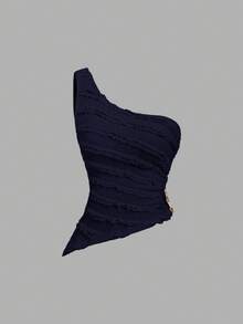 Sweetra 女士性感套装，金属装饰褶皱无袖上衣和荷叶边迷你裙 - 寶藍色 - 查看 3