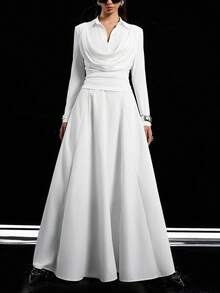 LYSMO Conjunto de 2 piezas de top ajustado con cuello drapeado plisado de unicolor y falda larga en línea A para mujer, estilo casual de oficina, primavera/otoño