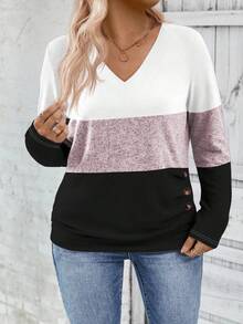 EMERY ROSE Women's V-Neck Color Block Plus Size T-Shirt, Autumn/Winter - Multicolor - View 3