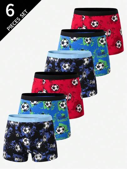 6pcs Boys' Comfortable Colorful Cute Football Printed Boxer Briefs