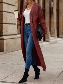 SHEIN LUNE Cárdigan largo casual y versátil de unicolor con cuello de chal - Rosa Roja - Ver 5