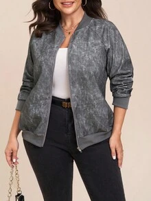SHEIN LUNE 大码极简图案拉链长袖外套，灰色，适合秋冬季办公室穿着，日常穿着、度假优雅、职场女神范儿十足。 - 黑色 - 查看 6
