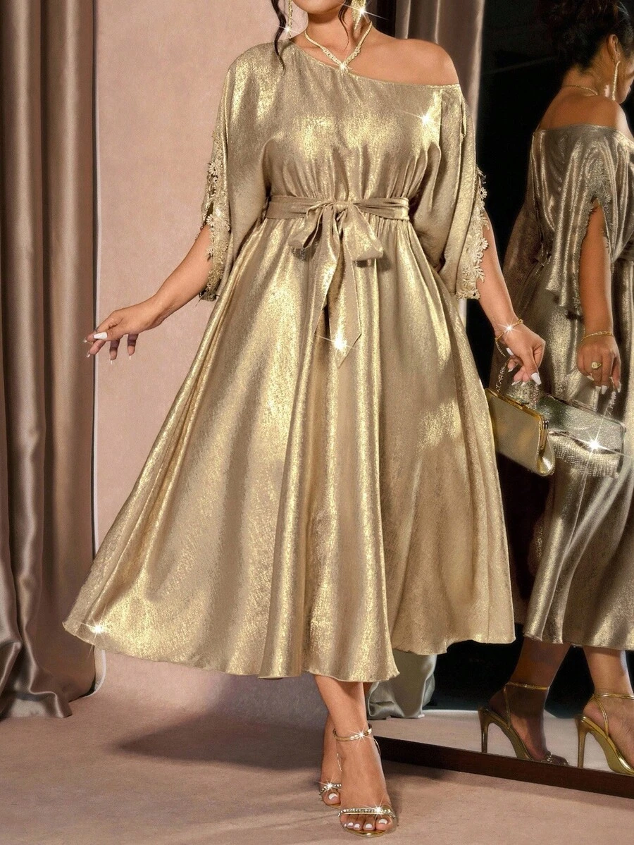 Cravure Đầm dự tiệc hở vai thanh lịch cho nữ cỡ lớn - Vàng - Xem 1