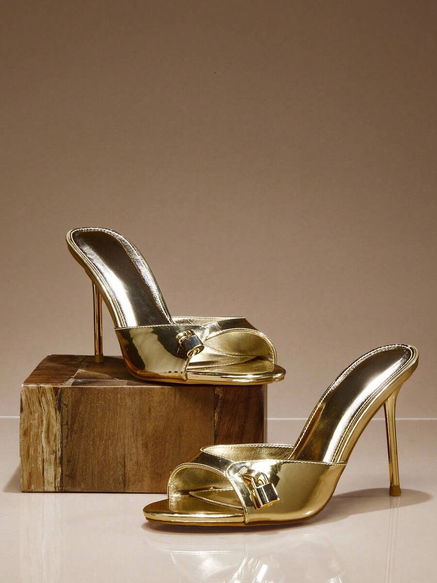 SHUZIA Women's Fashion Daily Versatile Slip-On Heeled Sandals With Lock Decor Valentine's Day - Gold - View 1
