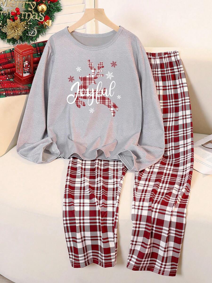 少女两件套圣诞驯鹿格子睡衣套装，灰色牛奶丝圆领长袖上衣和宽松舒适的红色格子裤，圣诞主题 - 灰色 - 查看 1