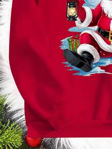 Tween Boy Christmas Sweatshirt, Casual Comfortable Santa Claus Holding Lantern & Snowman Graphic Design, Loose Fit Long Sleeve Crew Neck Pullover Top, Suitable For Fall/Winter, Christmas Outfit