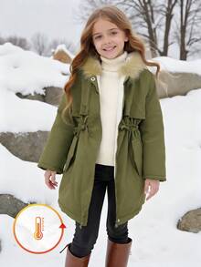 SHEIN Elladie kids 1件裝保暖內裡連帽夾克，附人造毛飾邊，適合冬季、上學通勤、戶外玩耍，女童冬外套，男童夾克，秋季 - 綠色 - 查看 1