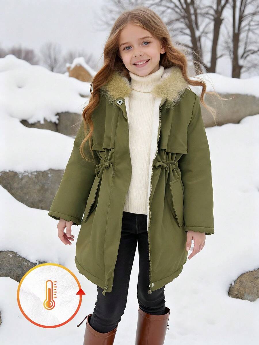 SHEIN Elladie kids 1件裝保暖內裡連帽夾克,附人造毛飾邊,適合冬季、上學通勤、戶外玩耍,女童冬外套,男童夾克,秋季 - 綠色 - 查看 1