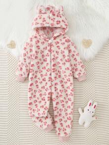 女童豹纹羊毛连体裤，长袖和长腿，休闲家居服 - 粉色 - 查看 3