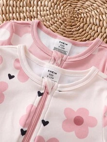 2pcs Baby Girls' Floral Print Long Sleeve Jumpsuit & Bodysuit Set, Snug Fit Baby Casual Zipper Romper Baby Girl Pajamas Zipper Baby Girl Sleep Wear - Pink - View 5