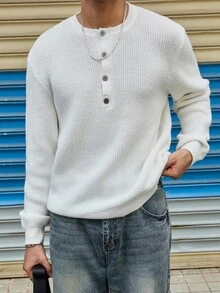 Manfinity CasualKnits 男士休闲纯色简约纽扣开衫，适合秋冬 - 白色 - 查看 6