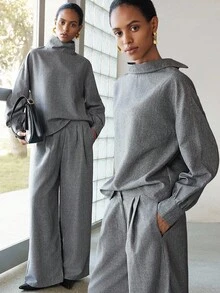 Lumivelle 女士秋季立领长袖衬衫和阔腿休闲宽松两件套 - 深灰色 - 查看 1