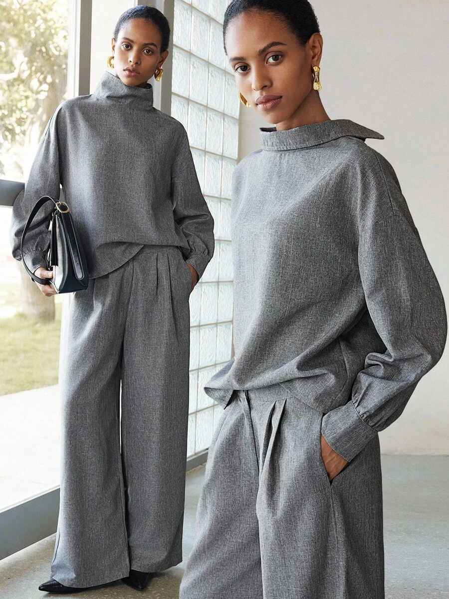 Lumivelle 女士秋季立领长袖衬衫和阔腿休闲宽松两件套 - 深灰色 - 查看 1