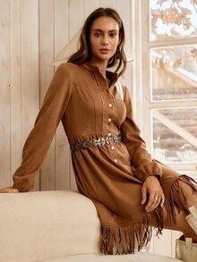 LanaWest Women's Western Party Fitted Fringe Hem Dress - Brown - View 6