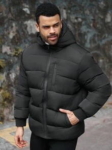 Manfinity Homme Plus Size Men's Solid Color Long Sleeve Zip-Up Casual Hooded Winter Jacket, For Fall - Black - View 4