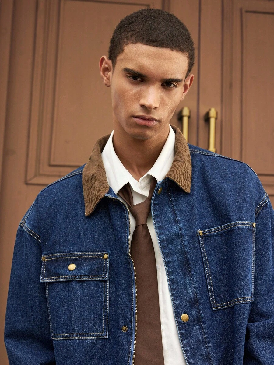 SWAVVY 男士休闲牛仔夹克，复古风格，宽松版型，百搭，新品，春秋 - 藍色 - 查看 1