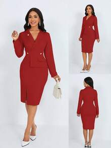 SHEIN Unity Đầm Maxi Nữ Tay Dài Cổ Ve Áo Màu Trơn, Viền Xẻ, Trang Phục Thu Đông Cho Nữ - Màu Đỏ Sâu - Xem 3