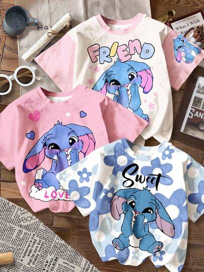 3 件套可爱卡通蓝色兔子露露、针迹图案、蓝色渐变花卉、奶油白和奶油粉色、年轻女孩休闲极简主义圆领短袖基本款 T 恤、适合春夏季、度假氛围、阳光之旅、春季休闲装、夏季度假、家庭时光、可爱的 Y2K 椰子女孩波西米亚假期春假早午餐准备淡蓝色女孩之旅、霓虹海滩氛围、波西米亚嬉皮音乐节
