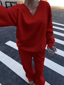SHEIN EZwear 2 件套女士超大 V 领蓬松羊毛弹力宽松运动衫和运动裤套装，秋冬 - 紅色 - 查看 6