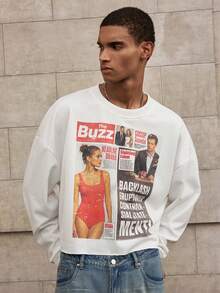 SWAVVY 男士春秋圆领长袖套头衫，带白色丝网印花标志，适合秋冬 - 白色 - 查看 1