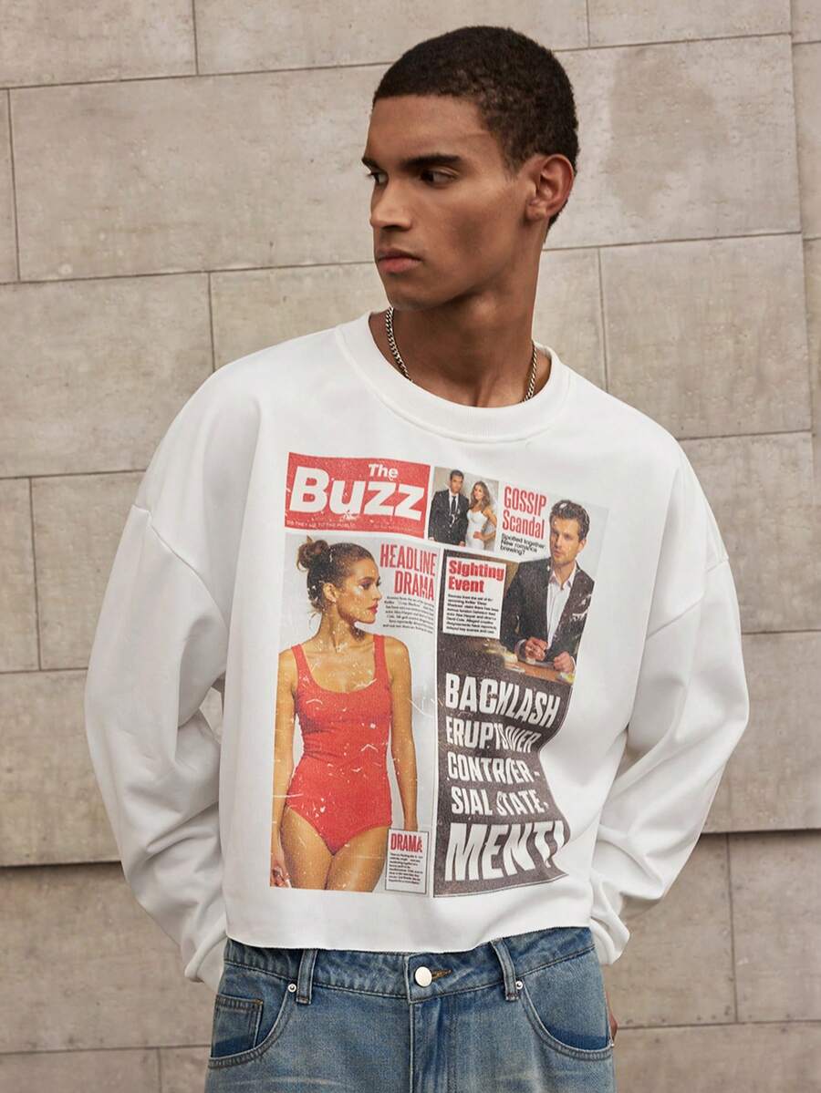 SWAVVY 男士春秋圆领长袖套头衫，带白色丝网印花标志，适合秋冬 - 白色 - 查看 1