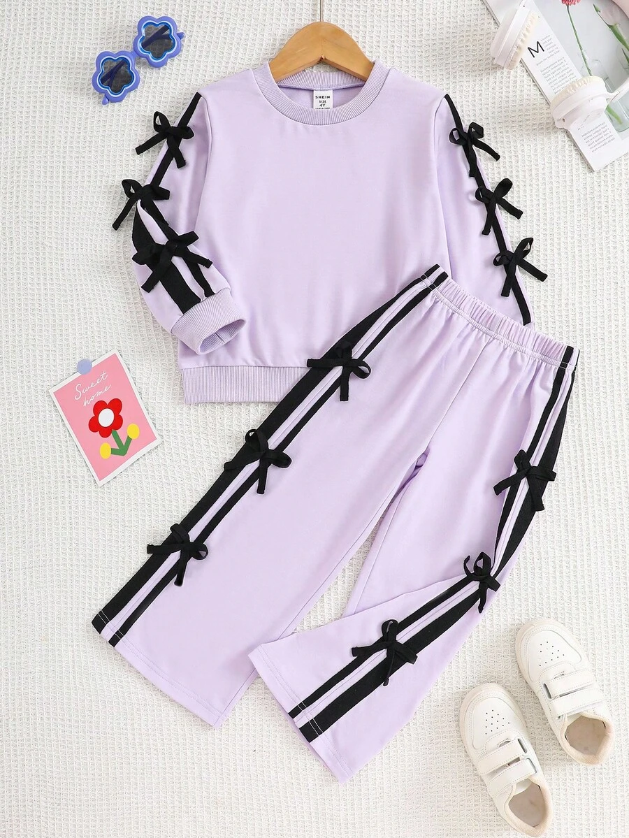 SHEIN Elladie kids 两件套女童休闲蝴蝶结卫衣裤套装，轻薄透气，适合春夏秋冬穿着 - 紫色 - 查看 1