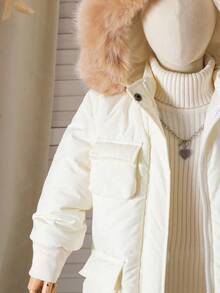 少女加厚连帽棉衣，仿毛领，口袋，拉链开合，秋冬 - 杏色 - 查看 4