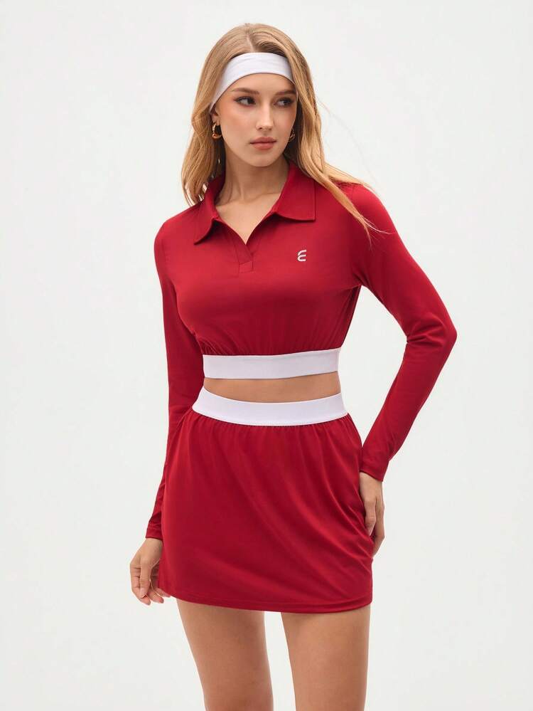 SHEIN Sports 女式撞色长袖短款 Polo 领 T 恤和口袋短裙运动套装 - 酒紅色 - 查看 7