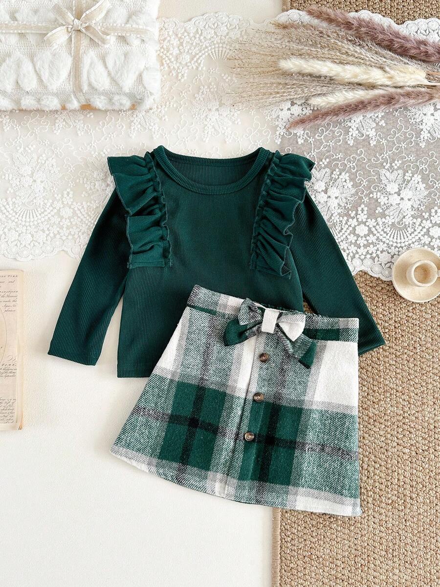 SHEIN Baby Girl Round Neck Long Sleeve Ruffle Trim Casual Ribbed Shirt Set Fall Winter - Green - View 1