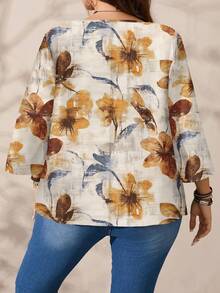 EMERY ROSE 大码花卉图案休闲衬衫，圆领，3/4袖，适合春秋季节 - 杏色 - 查看 6