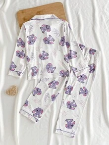 2件套少女可爱卡通垂耳蓝兔印花长袖上衣和裤子舒适休闲睡衣套装 - 淡紫色 - 查看 2