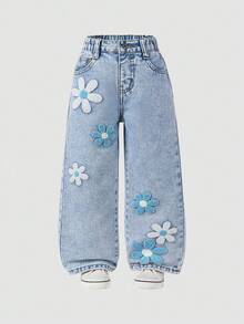 Snöflingetvättade, slitna, blommiga flockjeans med vida ben, 90-tal, moderiktiga för unga flickor