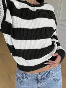 SHEIN Teen Girls Casual Striped Knit Sweater, Minimalist & Fashionable, Suitable For Everyday Wear, Autumn/Winter - Black and White - View 4