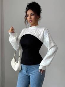 SHEIN Elenzya Women's Elegant Casual Polka Dot Patchwork Stand Collar Lantern Sleeve Pleated Blouse, Suitable For Women's Daily Life, Work, Commuting, Autumn/Winter Season - Black and White - View 1