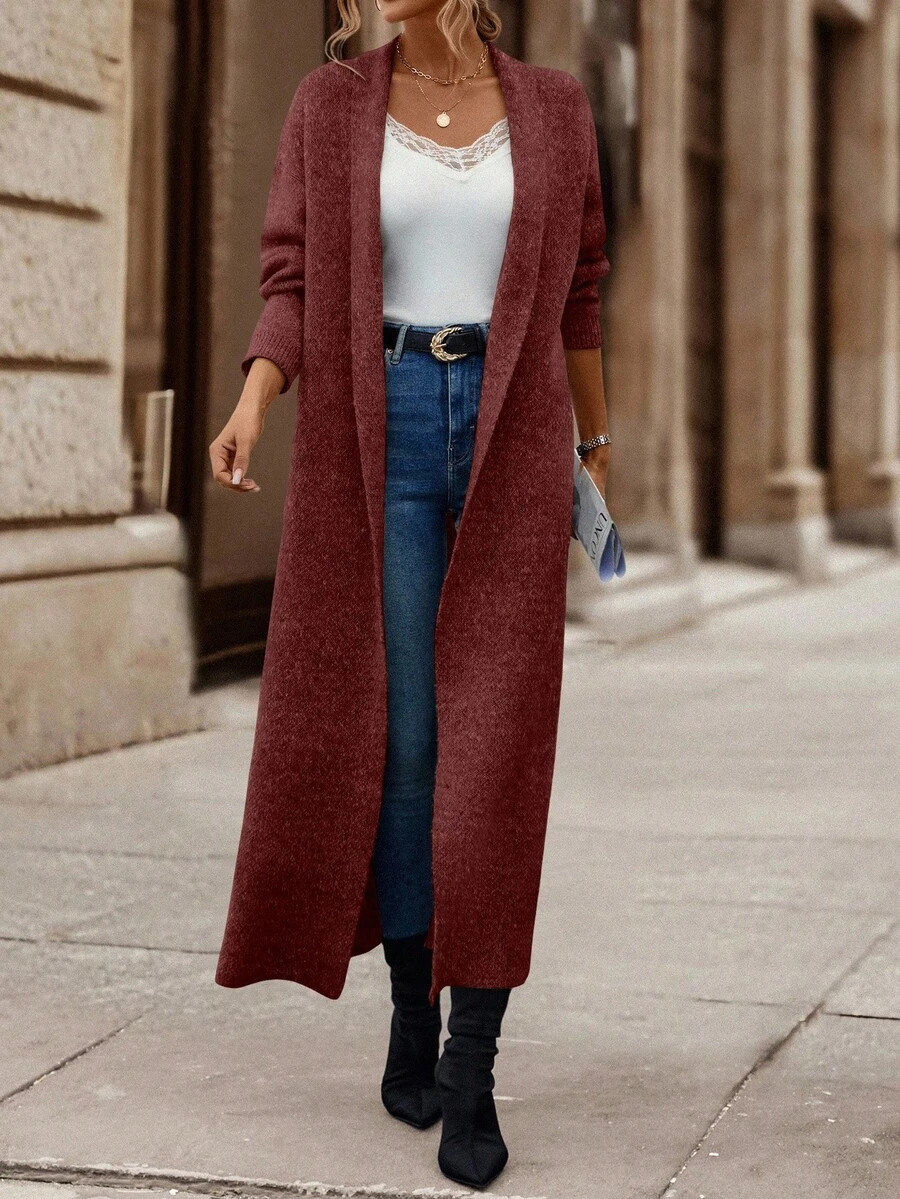 SHEIN LUNE Cárdigan largo casual y versátil de unicolor con cuello de chal - Rosa Roja - Ver 1