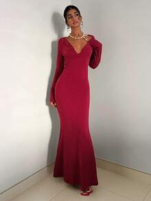 EgrlEra Vestido largo de malla con decoración metálica y escote en V sexy para mujer - Rojo - Ver 3