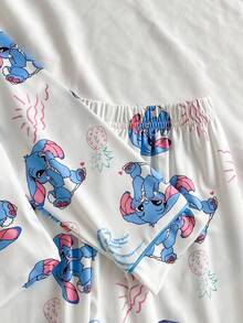 2件套少女可爱卡通垂耳蓝兔印花长袖上衣和裤子舒适休闲睡衣套装 - 藍白色 - 查看 6