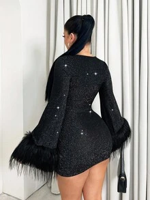 Sirith 復古性感女款長袖流蘇裝飾迷你洋裝，派對夜會風萬聖節黑色秋季款 - 黑色 - 查看 2