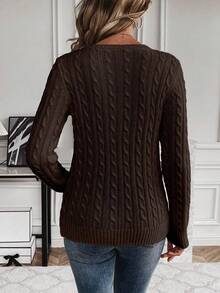 EMERY ROSE Women's Casual Twist Knit Crew Neck Long Sleeve Sweater - Coffee Brown - View 2
