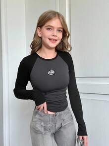 SHEIN Áo thun dài tay Raglan ôm sát viền ngắn phong cách đường phố giản dị cho bé gái tuổi mới lớn, thu/đông - màu đen - Xem 1
