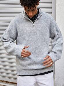 Manfinity CasualKnits Men's Solid Color Half-Zip Dropped Shoulder Long Sleeve Casual Knit Pullover Sweater, For Fall Winter - Grey - View 3